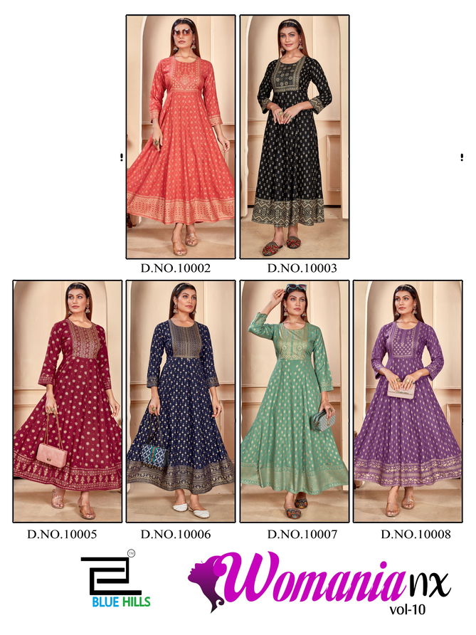 Womania Vol 10 By Blue Hills Rayon Foil Printed Anarkali Kurtis Wholesale Online